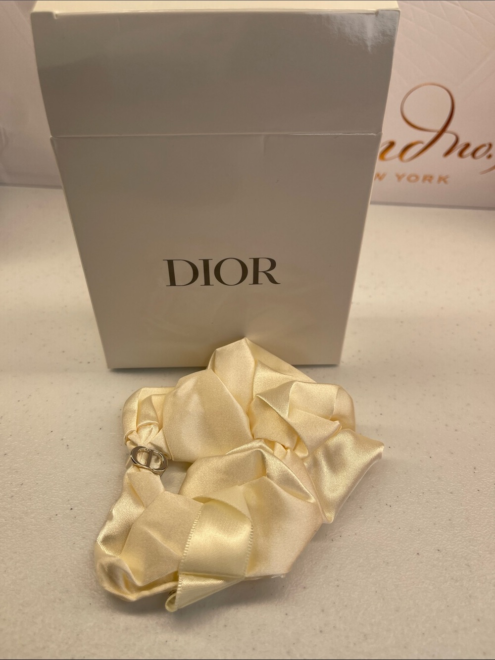 Dior Beauty Cream Satin Scrunchie with Silver Logo Charm